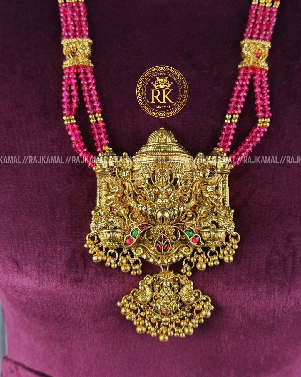 Premium Matte Finish Pink Beads Lakshmi Devi Haram